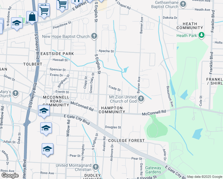 map of restaurants, bars, coffee shops, grocery stores, and more near 2225 Trade Street in Greensboro