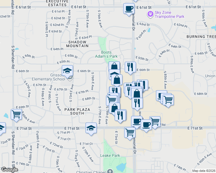 map of restaurants, bars, coffee shops, grocery stores, and more near 6718 South 78th East Avenue in Tulsa