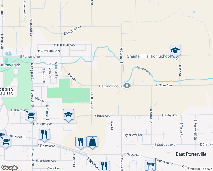 map of restaurants, bars, coffee shops, grocery stores, and more near 1300 East Olive Avenue in Porterville