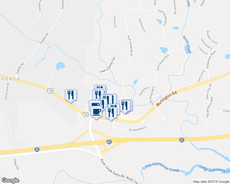 map of restaurants, bars, coffee shops, grocery stores, and more near 6511 Bellcross Trail in Whitsett