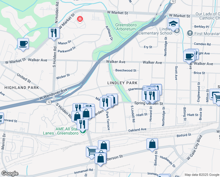 map of restaurants, bars, coffee shops, grocery stores, and more near 2815 Springwood Drive in Greensboro