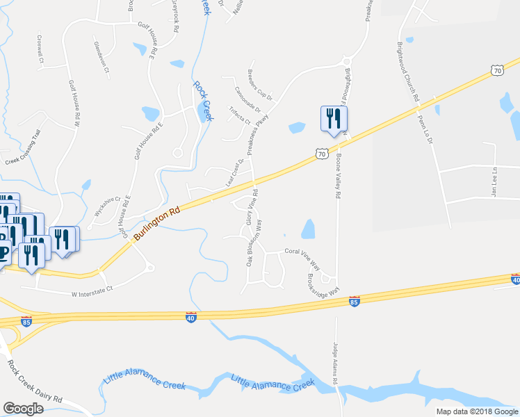 map of restaurants, bars, coffee shops, grocery stores, and more near 1003 Oak Blossom Way in Whitsett