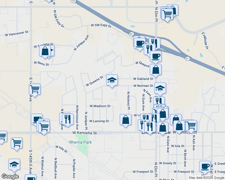 map of restaurants, bars, coffee shops, grocery stores, and more near 915 West Norman Street in Broken Arrow