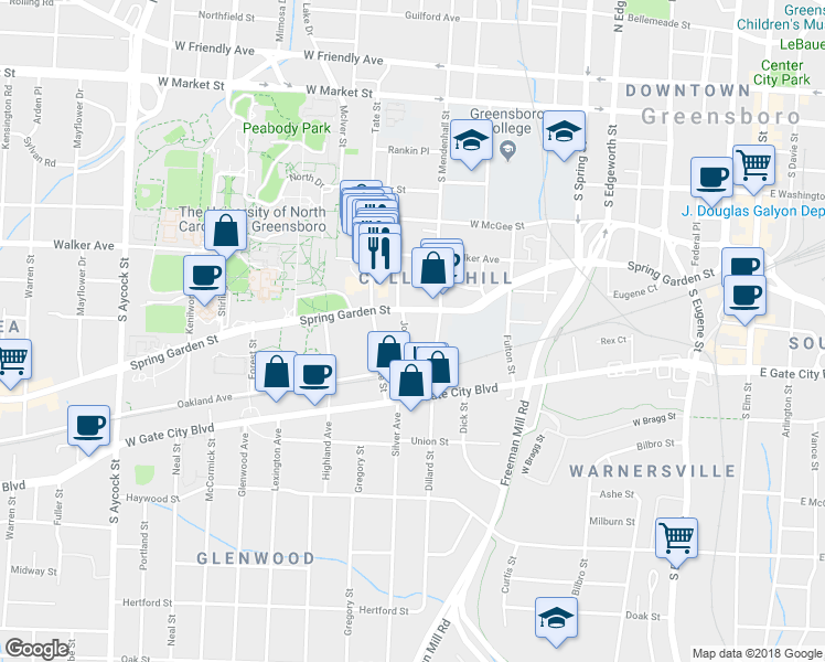 map of restaurants, bars, coffee shops, grocery stores, and more near 611 Joyner Street in Greensboro