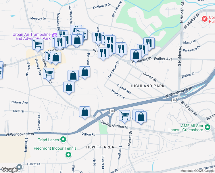 map of restaurants, bars, coffee shops, grocery stores, and more near 4418 Trinity Avenue in Greensboro