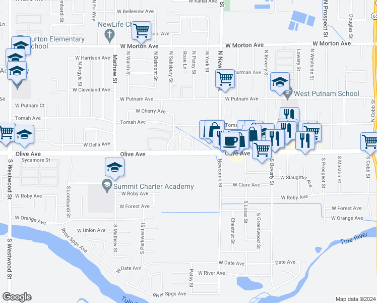 map of restaurants, bars, coffee shops, grocery stores, and more near 1700 West Olive Avenue in Porterville