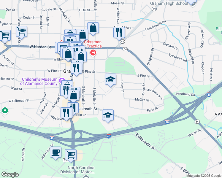 map of restaurants, bars, coffee shops, grocery stores, and more near 311 East Pine Street in Graham