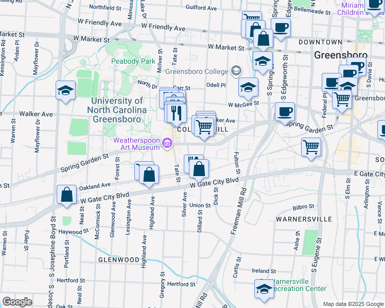 map of restaurants, bars, coffee shops, grocery stores, and more near 611 Joyner Street in Greensboro