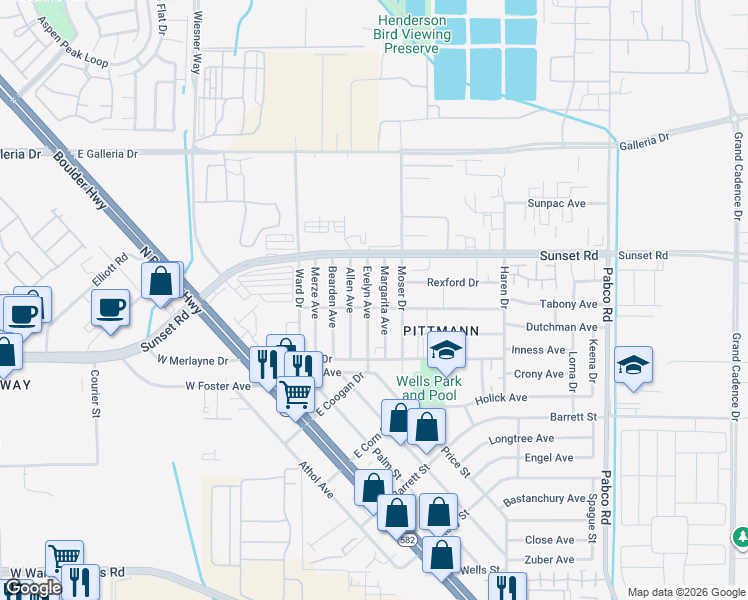 map of restaurants, bars, coffee shops, grocery stores, and more near 1904 Evelyn Avenue in Henderson