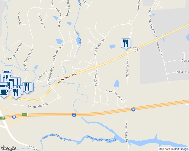 map of restaurants, bars, coffee shops, grocery stores, and more near 6331 Inkberry Drive in Whitsett