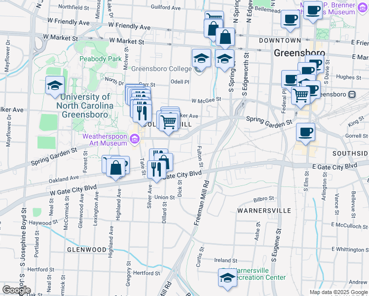 map of restaurants, bars, coffee shops, grocery stores, and more near 801 Province Spring Circle in Greensboro
