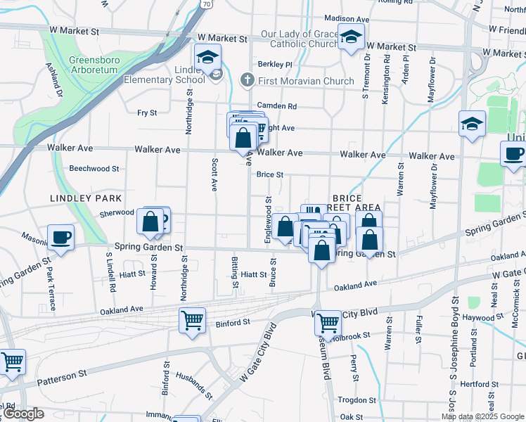 map of restaurants, bars, coffee shops, grocery stores, and more near 806 Englewood Street in Greensboro