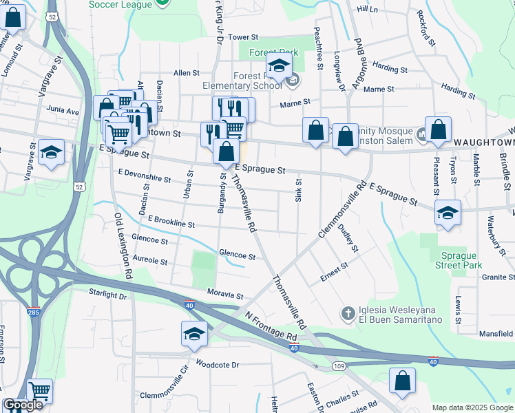 map of restaurants, bars, coffee shops, grocery stores, and more near 1011 Goldfloss Street in Winston-Salem