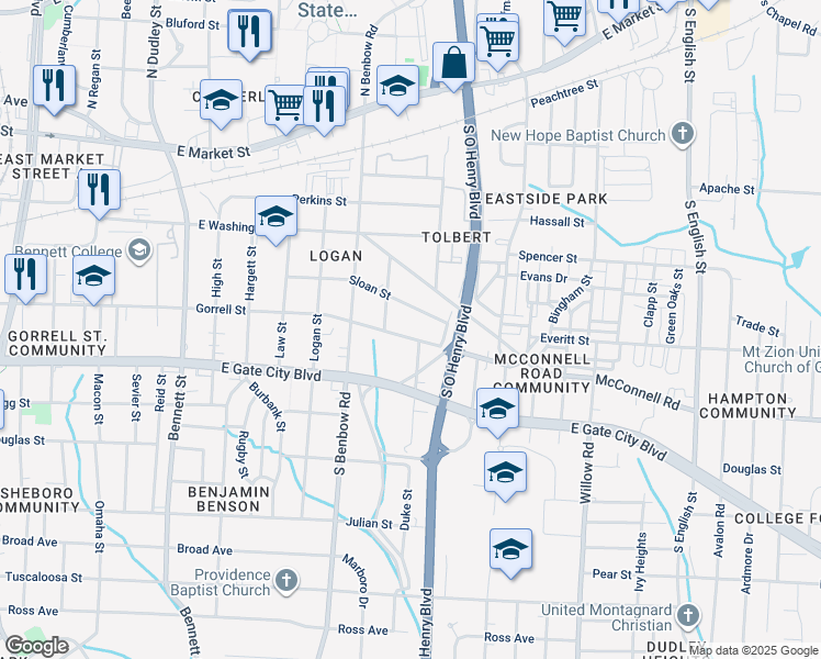 map of restaurants, bars, coffee shops, grocery stores, and more near 1411 Gorrell Street in Greensboro