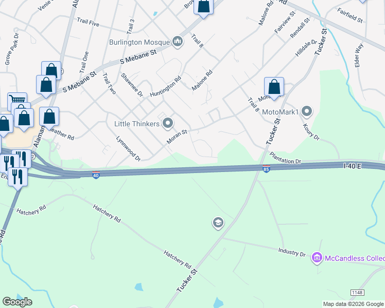 map of restaurants, bars, coffee shops, grocery stores, and more near 821 Cornwallis Drive in Burlington