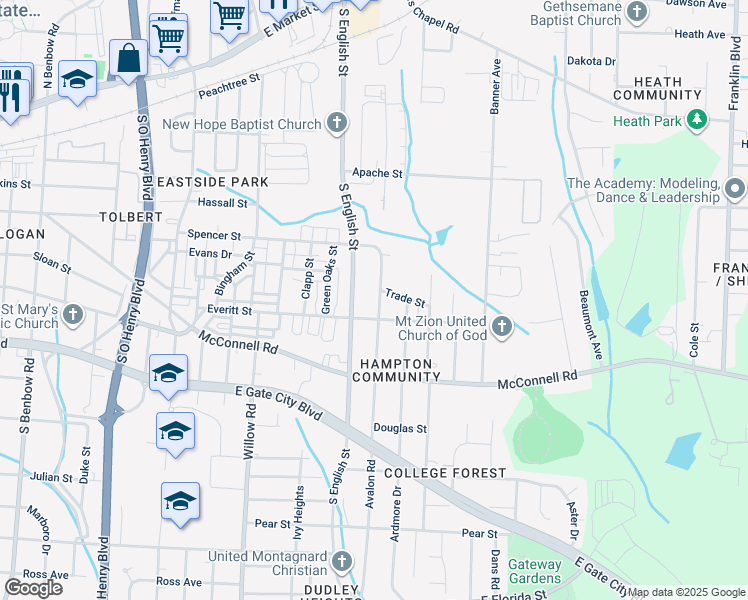 map of restaurants, bars, coffee shops, grocery stores, and more near 902 Avalon Road in Greensboro