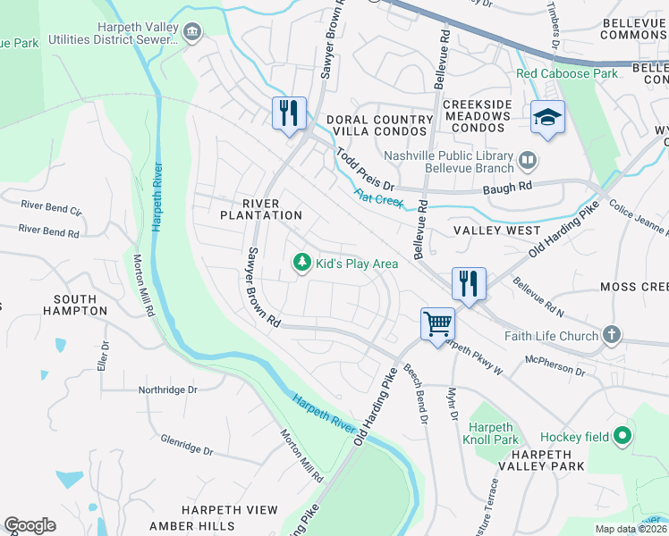 map of restaurants, bars, coffee shops, grocery stores, and more near 902 General George Patton Road in Nashville