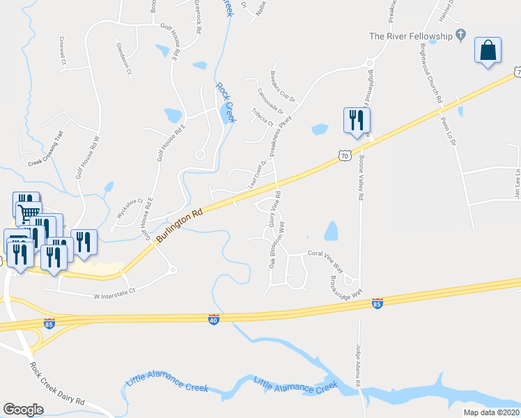 map of restaurants, bars, coffee shops, grocery stores, and more near 6325 Inkberry Drive in Whitsett
