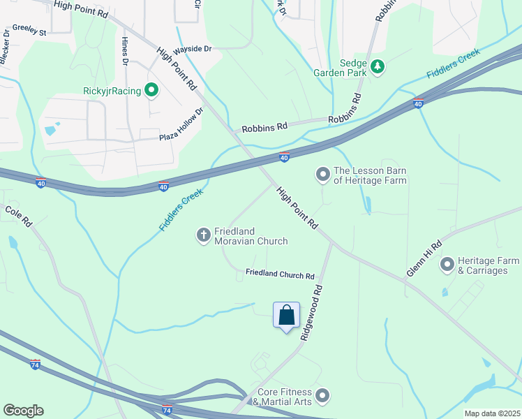 map of restaurants, bars, coffee shops, grocery stores, and more near 2715 Friedland Church Road in Winston-Salem