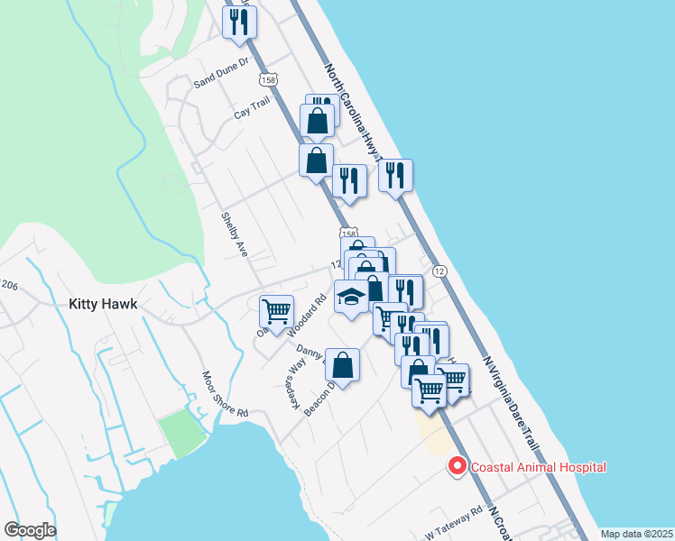 map of restaurants, bars, coffee shops, grocery stores, and more near 101 Woodard Road in Kitty Hawk