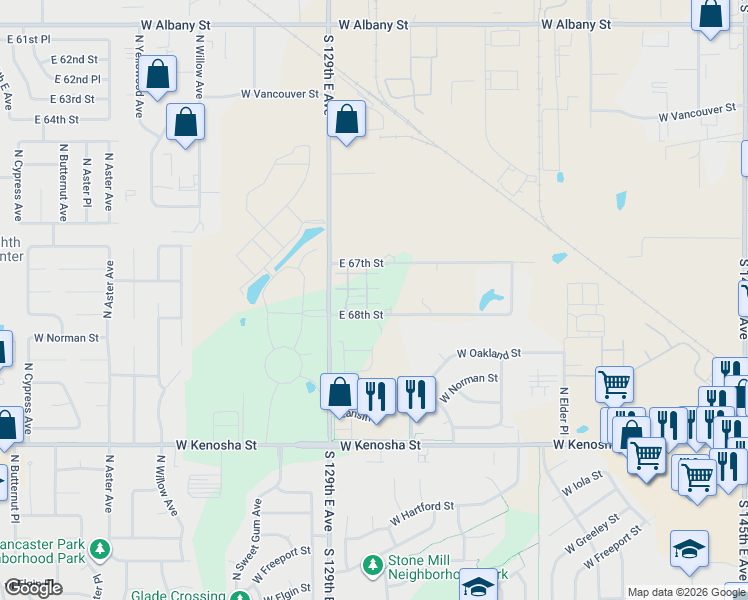 map of restaurants, bars, coffee shops, grocery stores, and more near 13181 East 68th Street in Broken Arrow