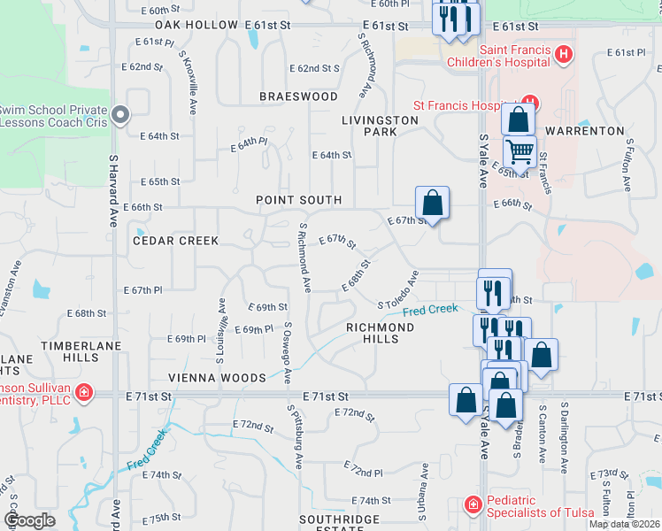 map of restaurants, bars, coffee shops, grocery stores, and more near in Tulsa