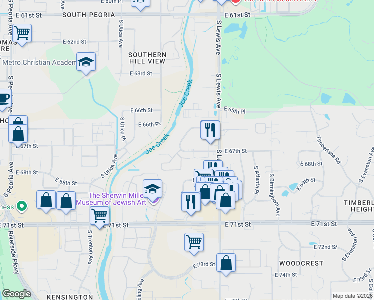 map of restaurants, bars, coffee shops, grocery stores, and more near 6617 South Zunis Avenue in Tulsa
