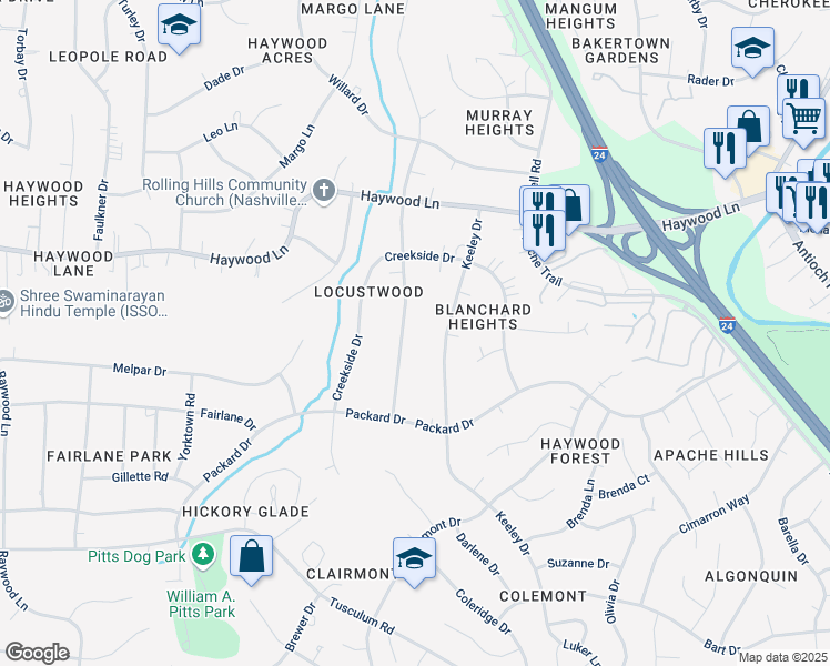 map of restaurants, bars, coffee shops, grocery stores, and more near 3926 E Ridge Dr in Nashville