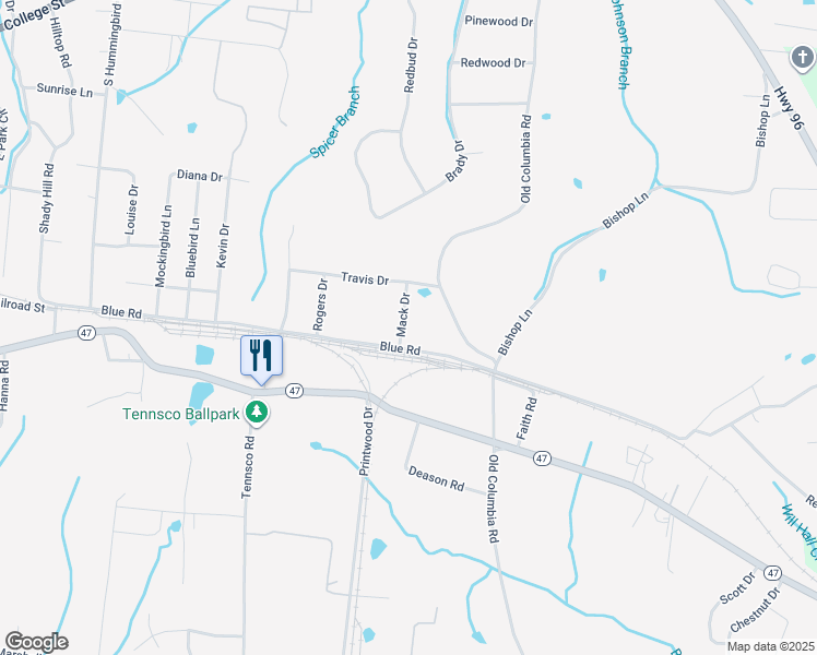 map of restaurants, bars, coffee shops, grocery stores, and more near 106 Mack Drive in Dickson