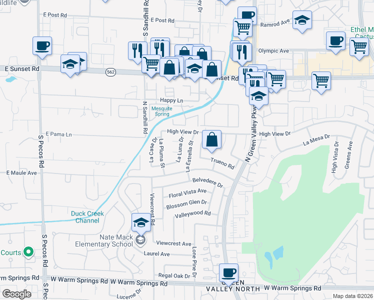 map of restaurants, bars, coffee shops, grocery stores, and more near 2415 La Estrella Street in Henderson