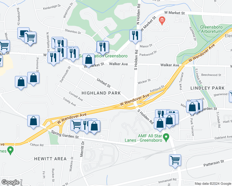map of restaurants, bars, coffee shops, grocery stores, and more near 4217 United Street in Greensboro