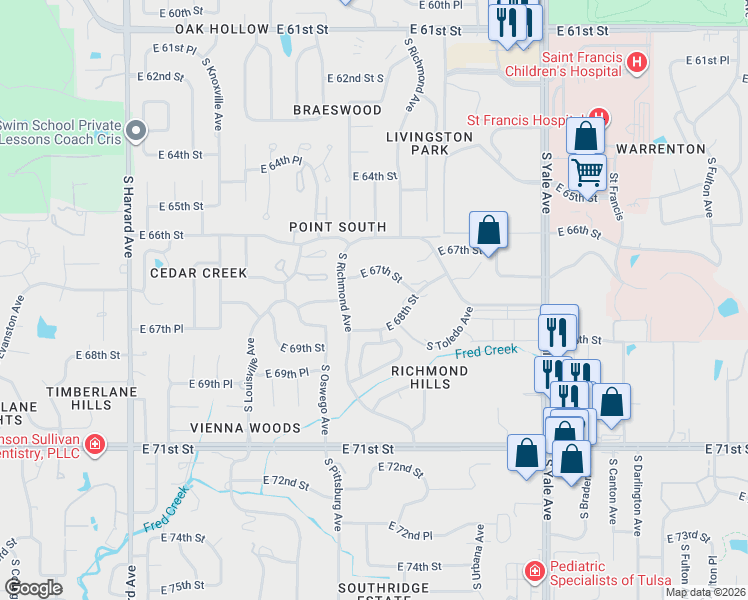 map of restaurants, bars, coffee shops, grocery stores, and more near in Tulsa