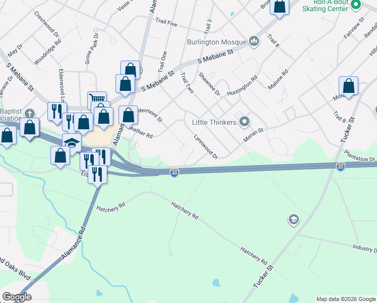 map of restaurants, bars, coffee shops, grocery stores, and more near 2731 Kirkwood Drive in Burlington