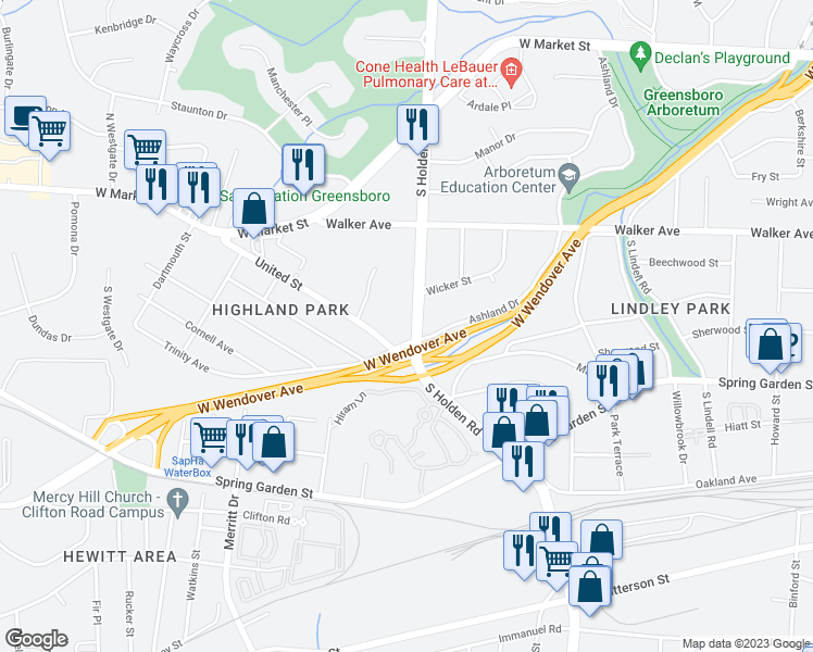 map of restaurants, bars, coffee shops, grocery stores, and more near 616 South Holden Road in Greensboro