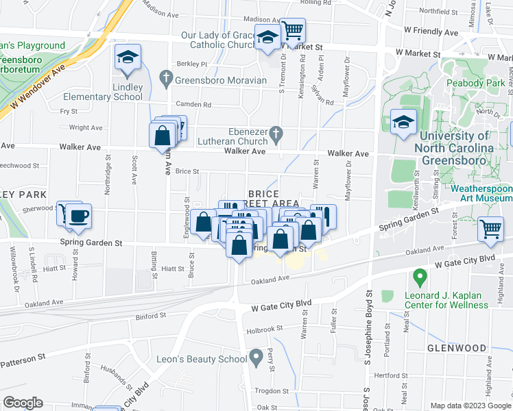 map of restaurants, bars, coffee shops, grocery stores, and more near 1812 Sherwood Street in Greensboro