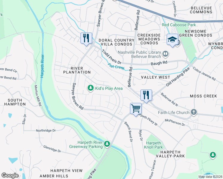 map of restaurants, bars, coffee shops, grocery stores, and more near 725 General George Patton Road in Nashville