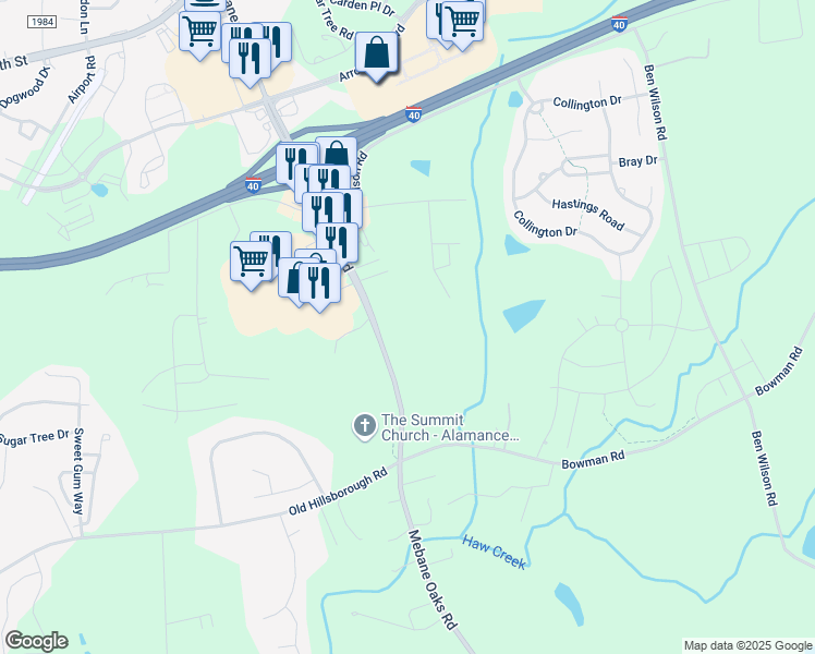 map of restaurants, bars, coffee shops, grocery stores, and more near 1424 Mebane Oaks Road in Mebane