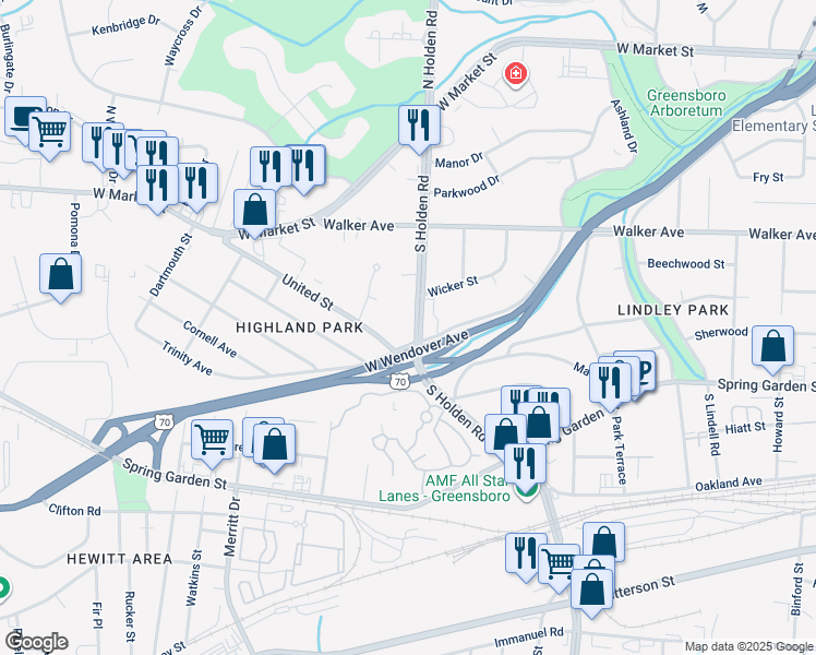 map of restaurants, bars, coffee shops, grocery stores, and more near 616 South Holden Road in Greensboro