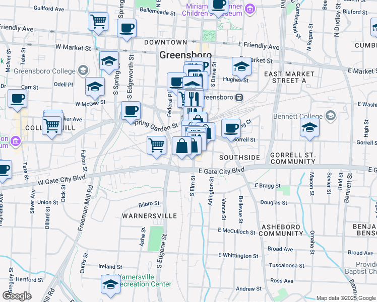 map of restaurants, bars, coffee shops, grocery stores, and more near 602 South Elm Street in Greensboro
