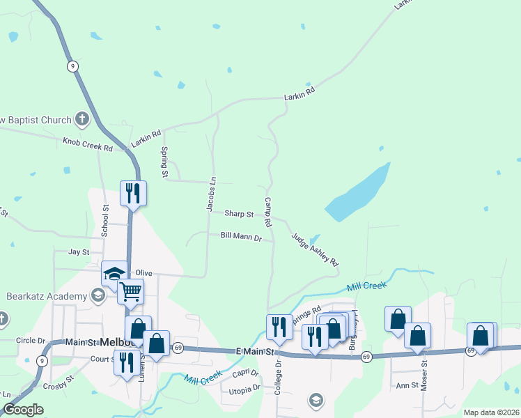 map of restaurants, bars, coffee shops, grocery stores, and more near 183 Camp Road in Melbourne