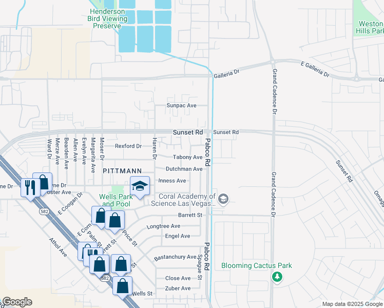 map of restaurants, bars, coffee shops, grocery stores, and more near 549 Tabony Avenue in Henderson
