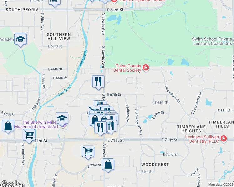 map of restaurants, bars, coffee shops, grocery stores, and more near 2439 East 67th Street in Tulsa