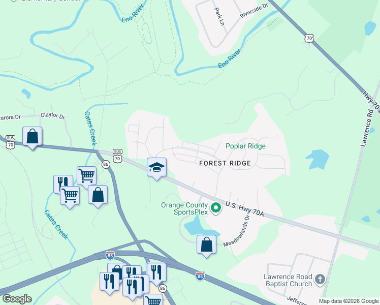 map of restaurants, bars, coffee shops, grocery stores, and more near 1126 Quincy Cottage Road in Hillsborough