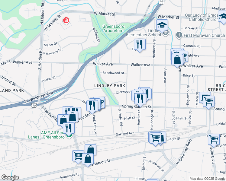 map of restaurants, bars, coffee shops, grocery stores, and more near 707 South Lindell Road in Greensboro