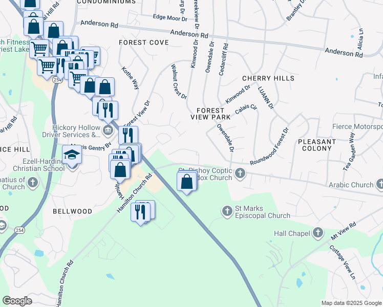 map of restaurants, bars, coffee shops, grocery stores, and more near 3140 Hamilton Church Road in Nashville