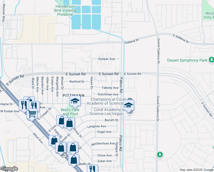 map of restaurants, bars, coffee shops, grocery stores, and more near 535 Tabony Avenue in Henderson