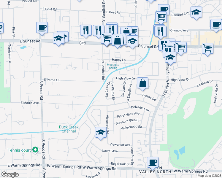map of restaurants, bars, coffee shops, grocery stores, and more near 2417 La Pluma Street in Henderson