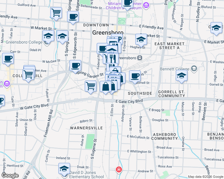 map of restaurants, bars, coffee shops, grocery stores, and more near 602 South Elm Street in Greensboro