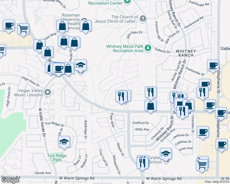 map of restaurants, bars, coffee shops, grocery stores, and more near 799 Flowing Meadow Drive in Henderson