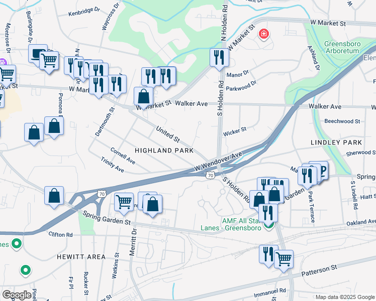 map of restaurants, bars, coffee shops, grocery stores, and more near 4217 United Street in Greensboro